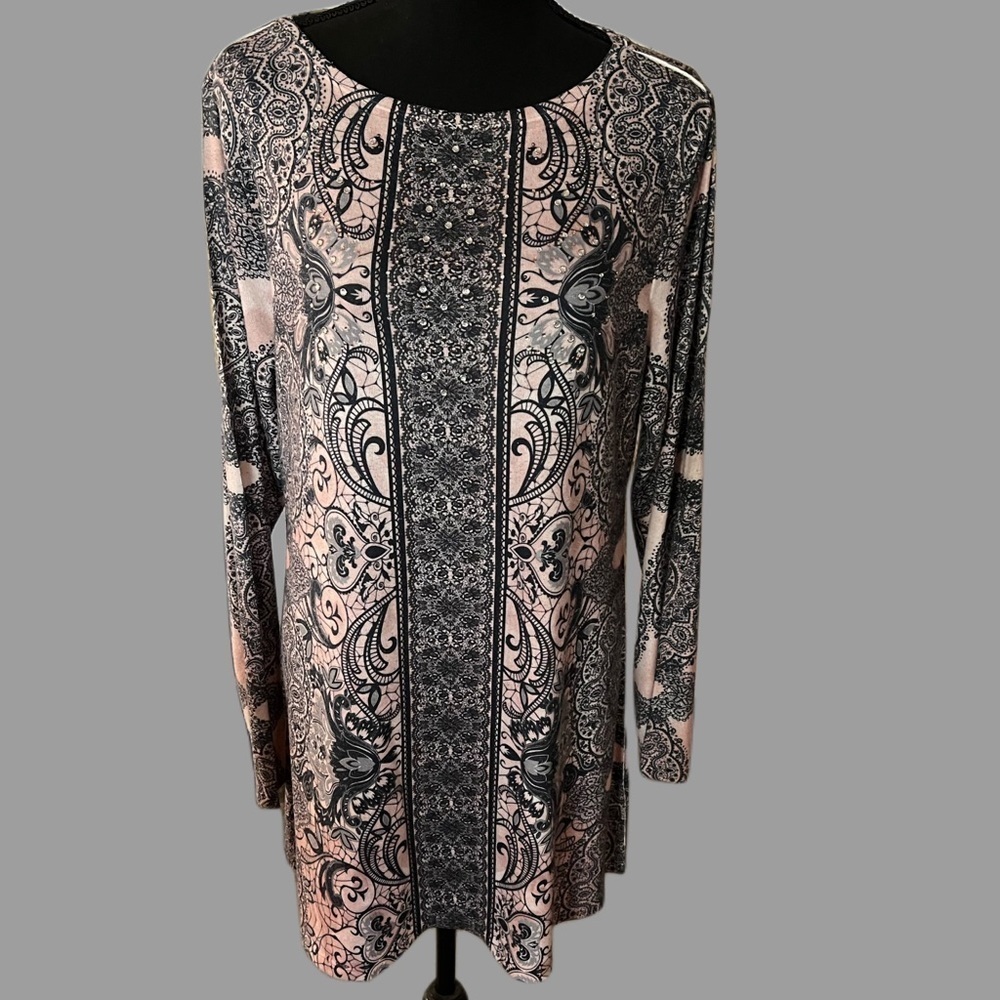 Style and Co Pink Paisley Rhinestone Beaded Long Sleeve Tunic Top Size L